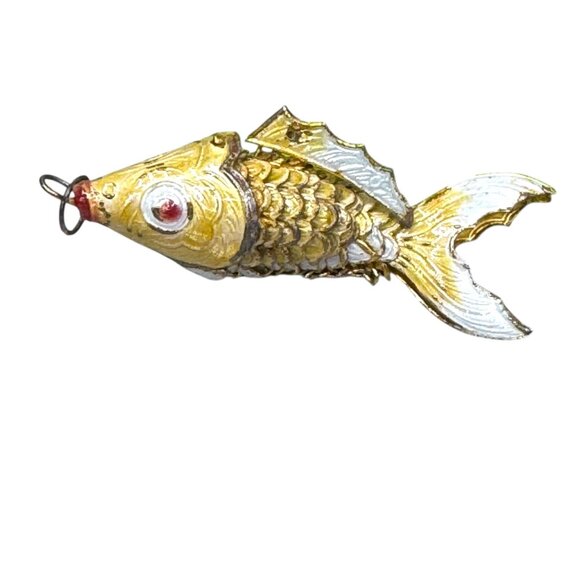 Vintage Gold & Silver Fish Keychain Pendant Large Cloisonne Articulated Ornament - Picture 2 of 5